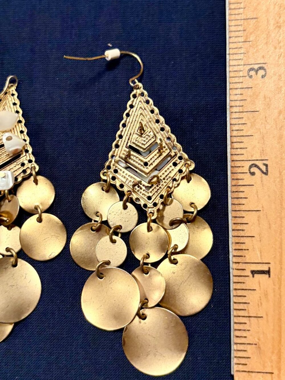 Vintage Boho Gold Chandelier Disc Earrings Cascading Coin Mother of Pearl